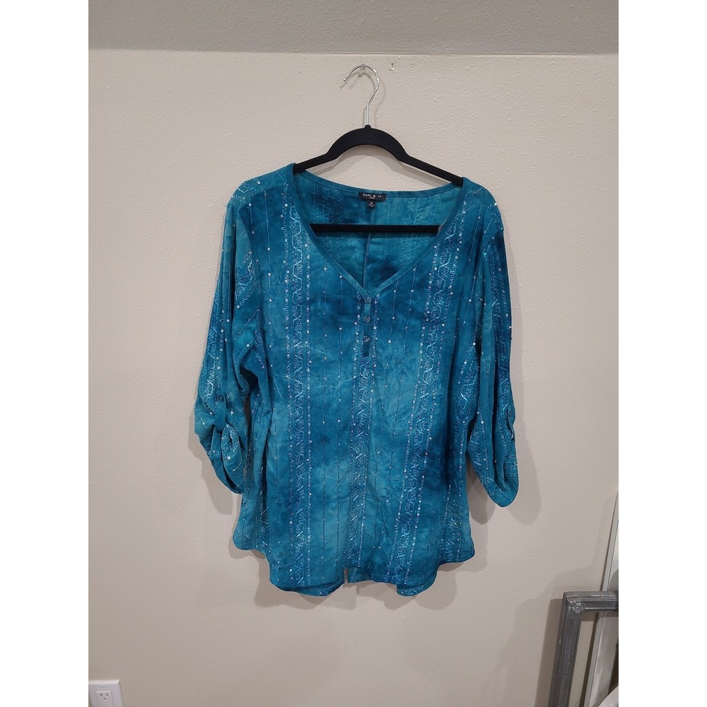 Sami & Jo Plus Boho sequin ribbon teal tunic top Women SZ 2X festival beachy